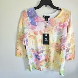 Alison Sheri NWT ribbed knit watercolor floral top